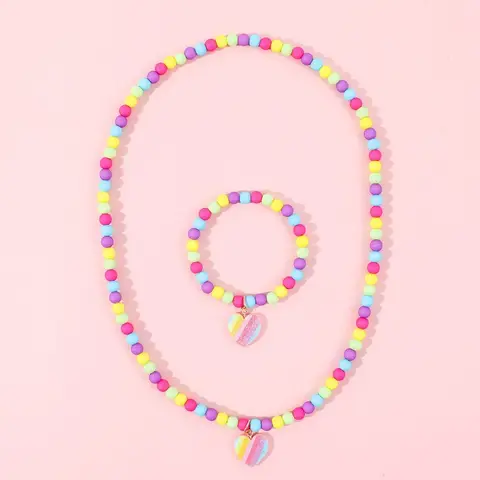 Girls Cute Heart Necklace And Bracelet Set Colorful Beads Pendant Jewelry Gift for Children Birthday Party