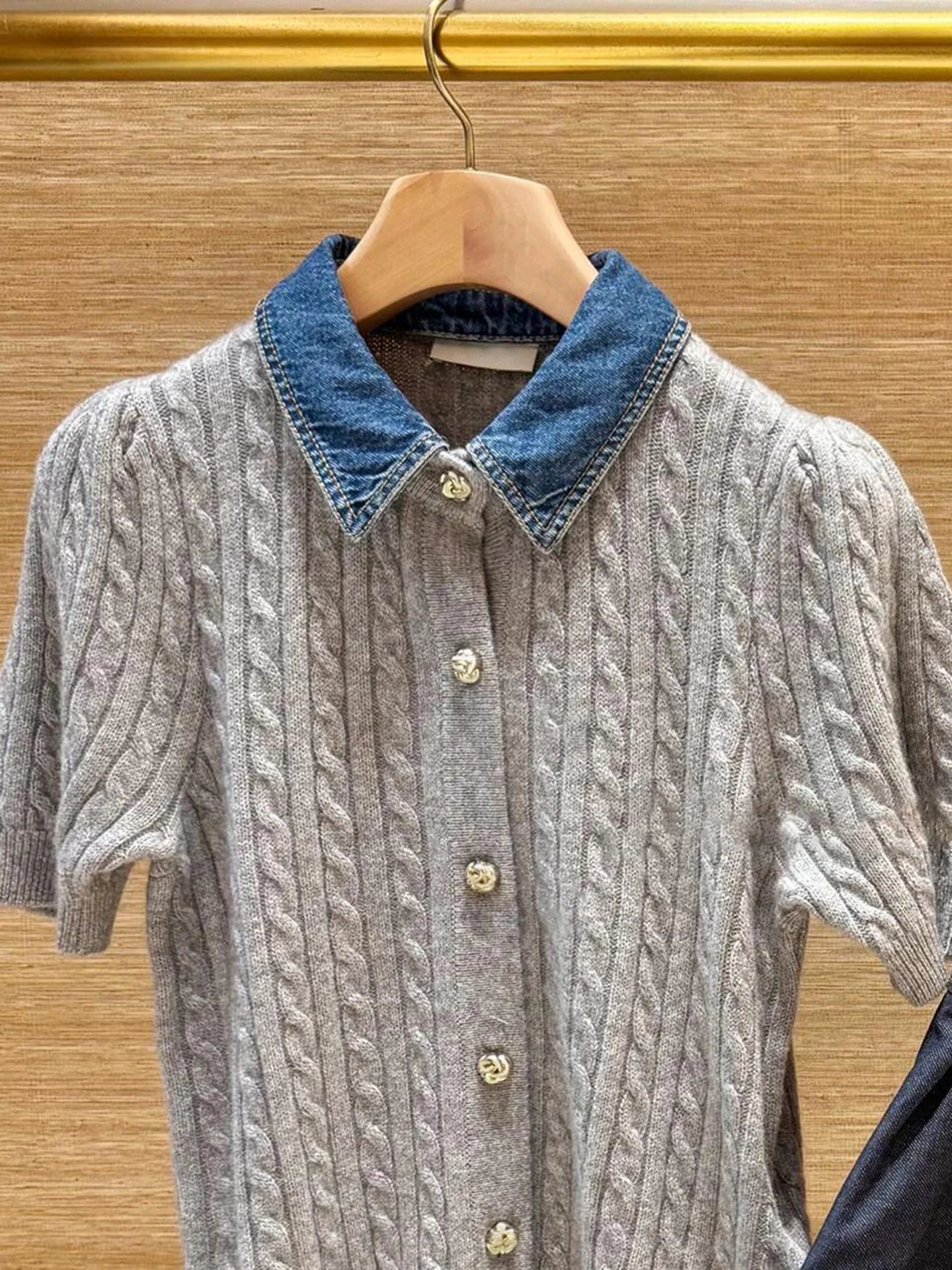 

S Home South Oil Высококачественный женский модный комплект вязаный открытый кардиган Топ с джинсовой юбкой с отложным воротником на пуговицах Sle