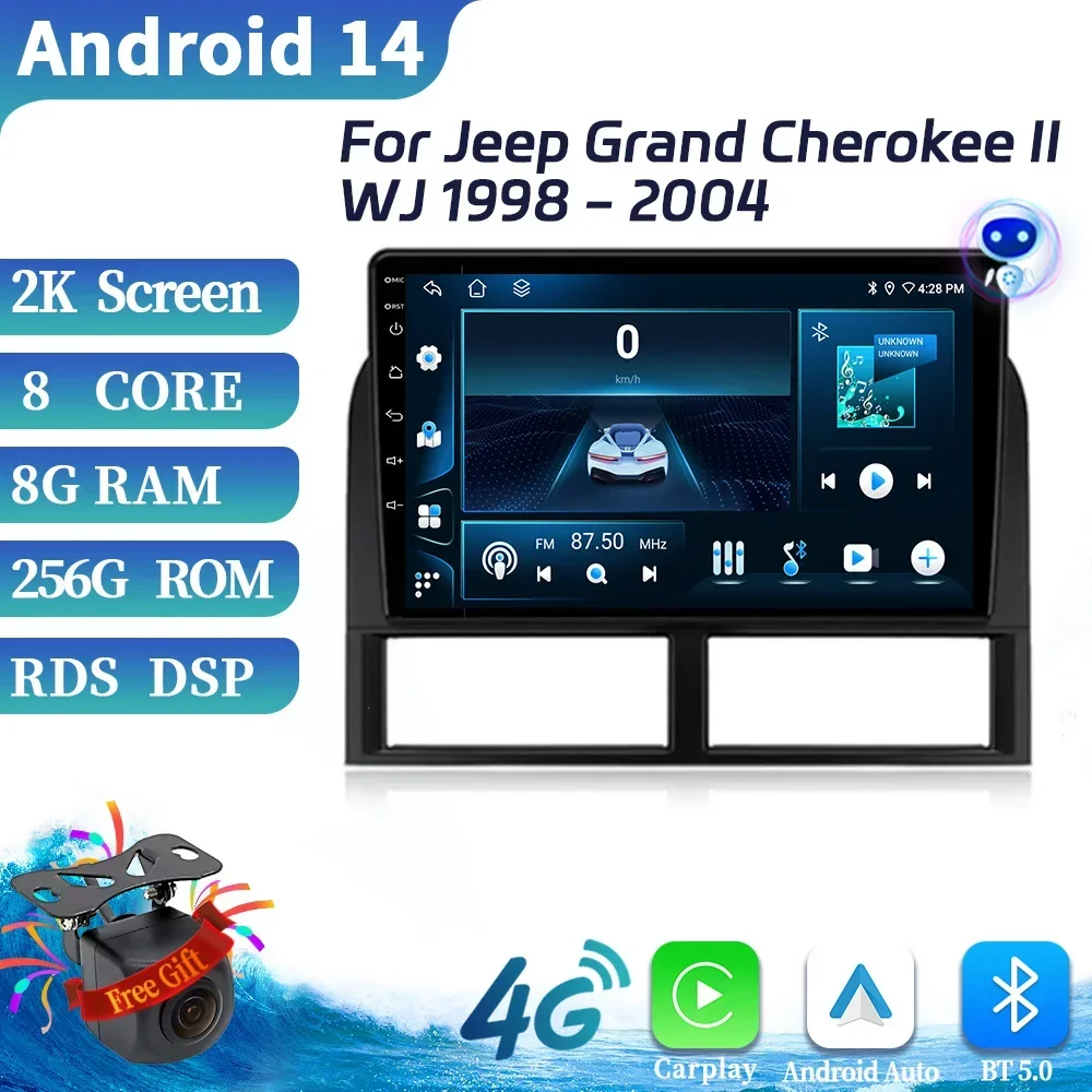 Android 14 For Jeep Grand Cherokee II WJ 1998-2004 Car Raido Stereo Multimedia Video 4G Player Wireless BT CarPlay Touch Screen