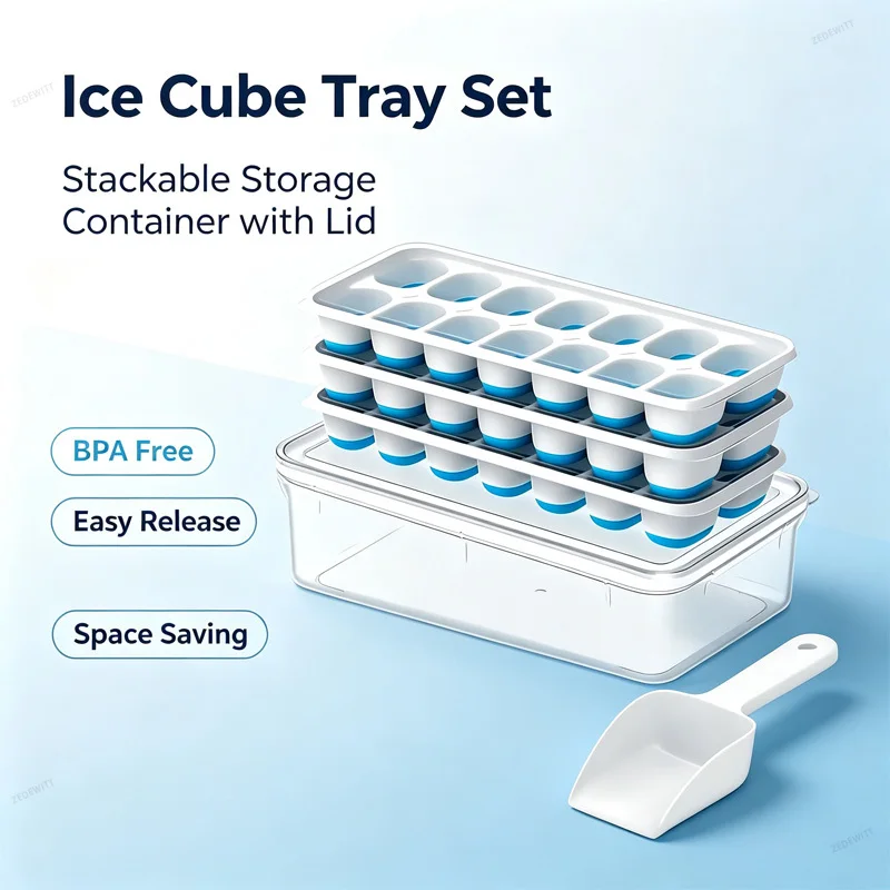 3 Pack Ice Cube Tray With Lid And Bin Flexible Silicone Bottom Stackable Freezer Mold Storage Set With Ice Scoop Kitchen Gear