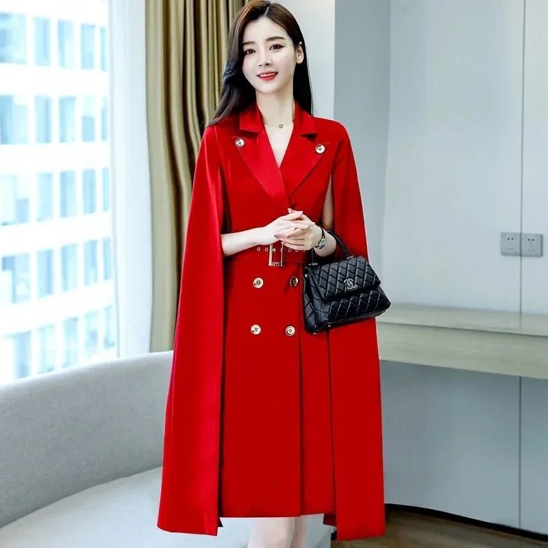 Shawl Cape Dress Women 2024 High-end Robe Femme Double-breasted Ladies Black Blazer Cloak Dresses Elegant Poncho Vestidos X1095