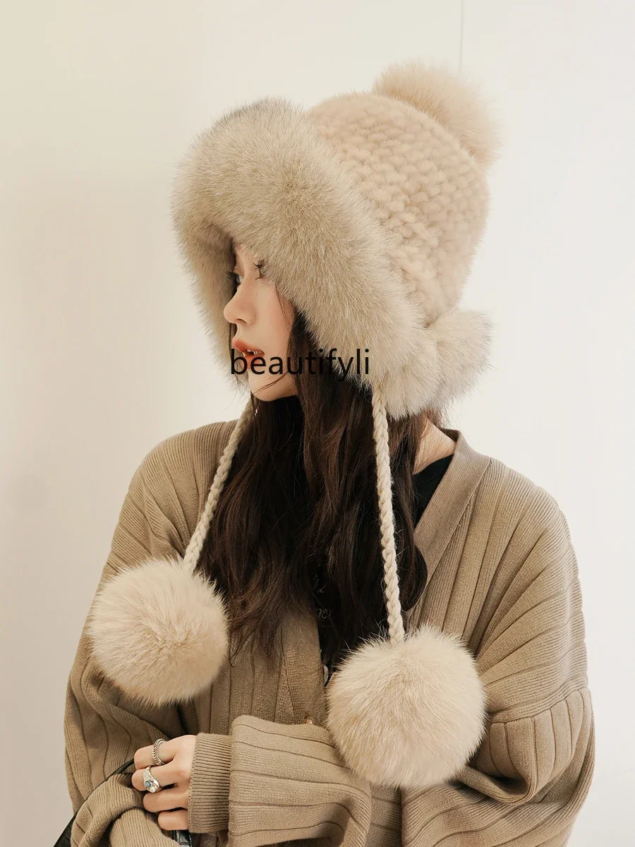 New winter warm mink hair woven fox hair ear protection fur hat real hair ball hat