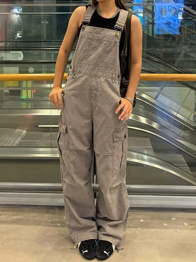 

Retro American Light Grey Denim Overalls Women Summer New Loose Slim Wide Leg Jumpsuit High Waist Zipper Closure Jeans