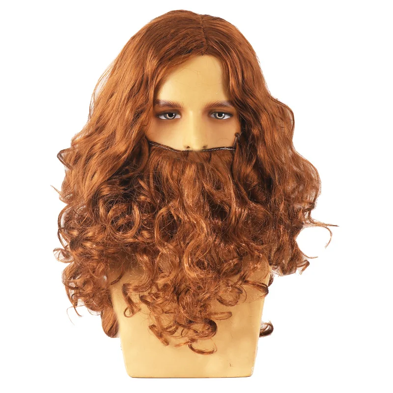 Halloween Jesus Wig Costume Props Long Curled Wig Funny Brown Wig And Beard Set For Old Man Cosplay Props Brown Wig Headband