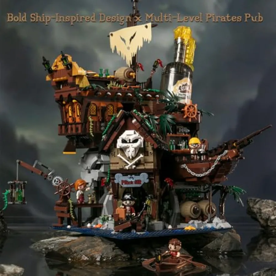 Kit de construcción de pub pirata, cubierta de arquitectura de taberna de naranja Modular con barra de terraza, botella de ron y figuras de pirata, Naut creativo