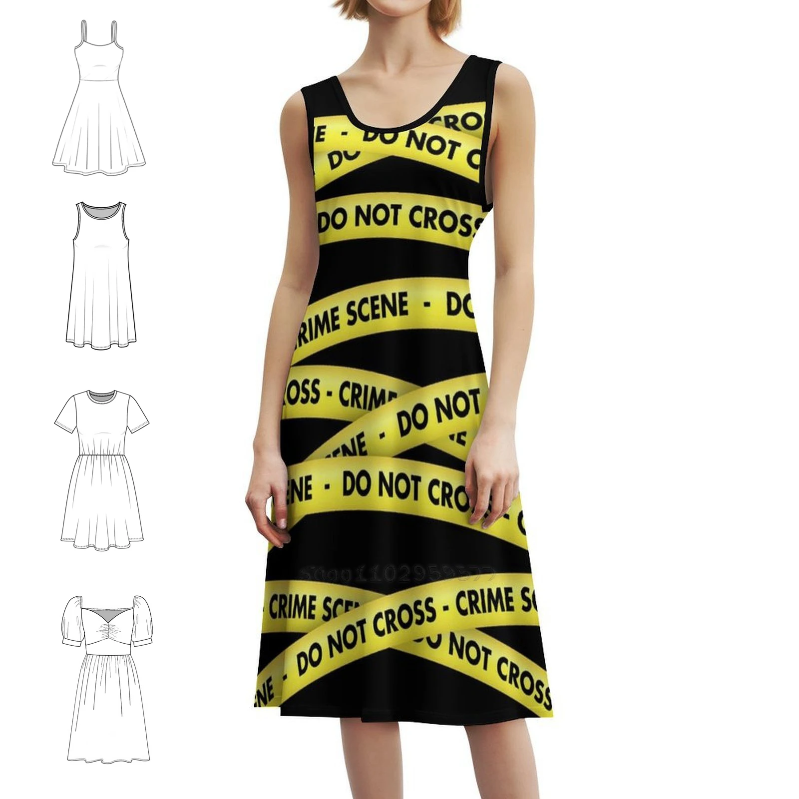 Crime Scene Do Not Cross Banned Yellow Ribbons Cops Korean Style Casual Dress For Women Simple Daily Office Lady Dresses Yellow