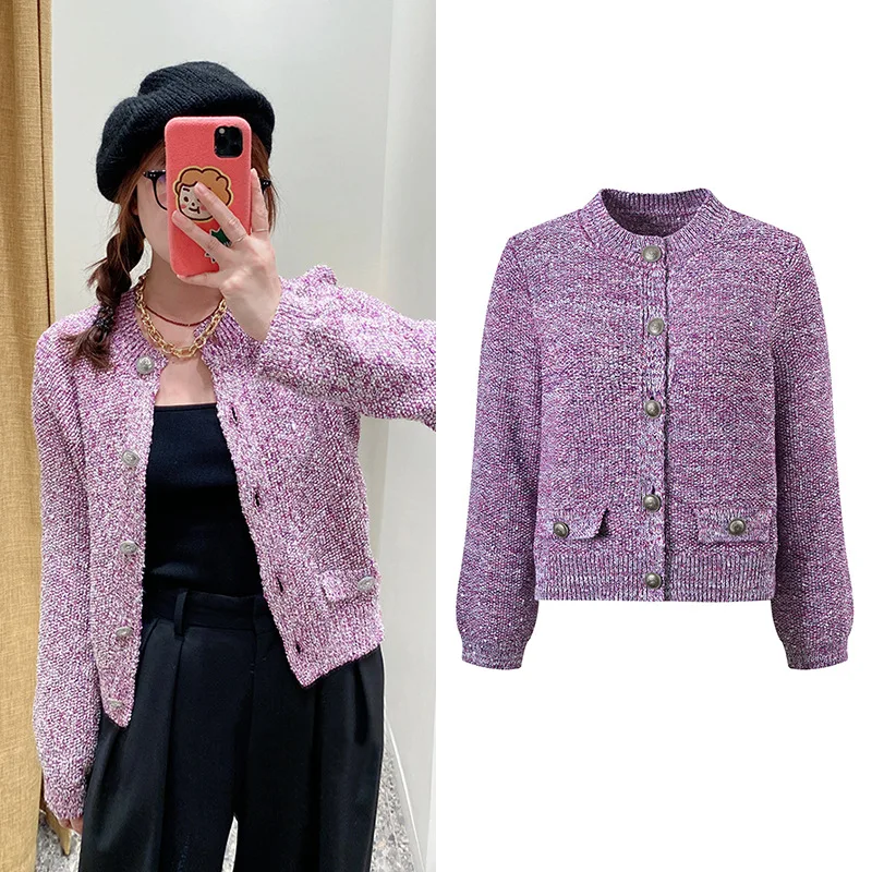 

Весна 2024, вязаный открытый кардиган Ele Purple iny с блестками, круглый теплый женский топ из нержавеющей стали, модный топ для поездок на работу