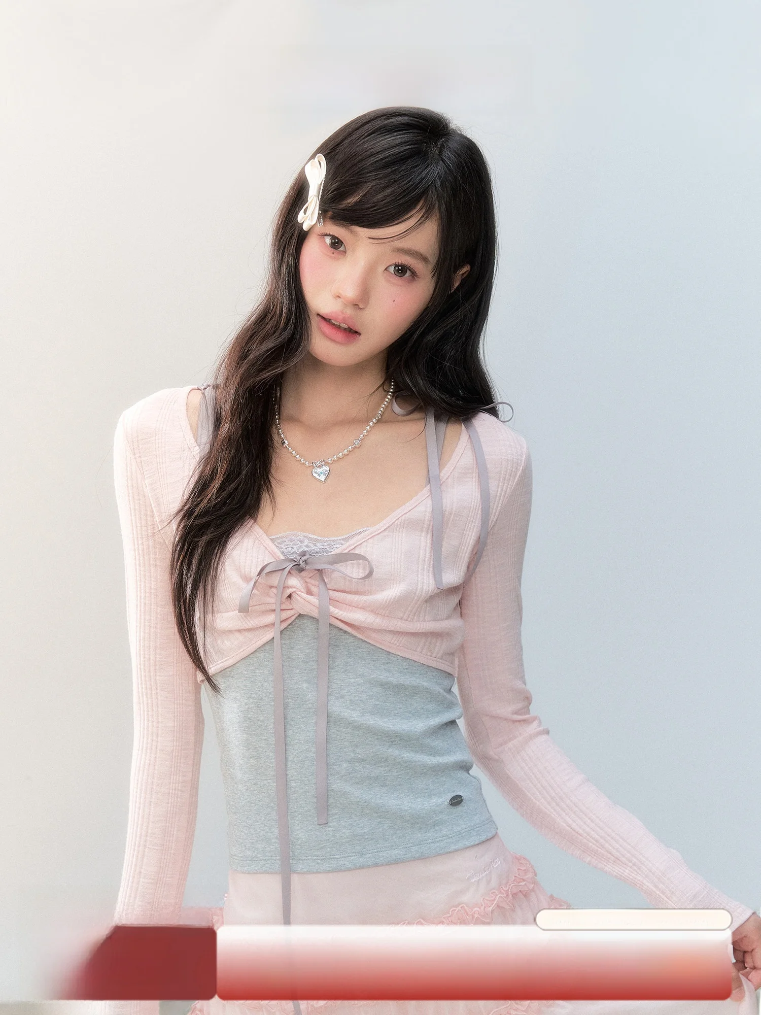 Ballet Pink Long Sleeve T-Shirt Women's Slim Fit Contrast Color Knot Design Sweet Style Cotton Blend Casual Fashion Top