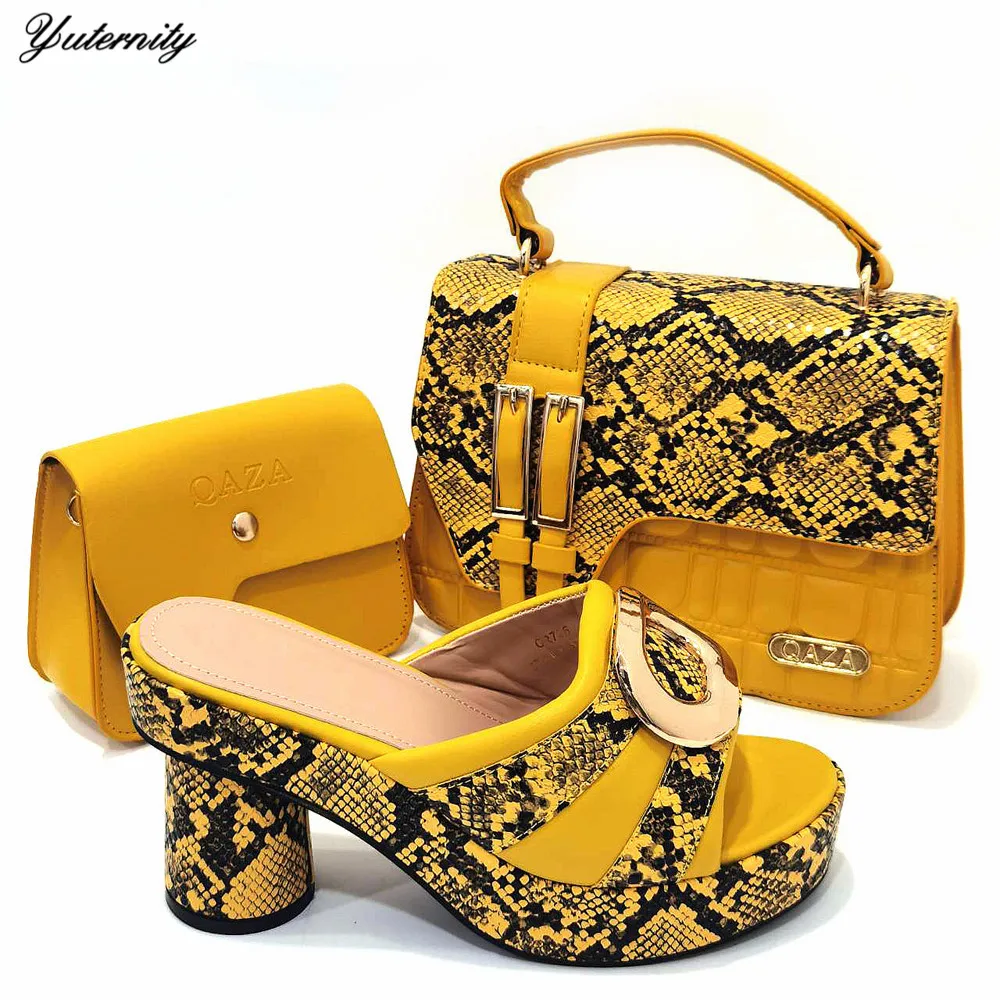 New Arrival Woman Rhinestone Yellow Color Shoes And Bag Set Summer Elegant High Heels Shoes And Bag Set For Wedding Dress