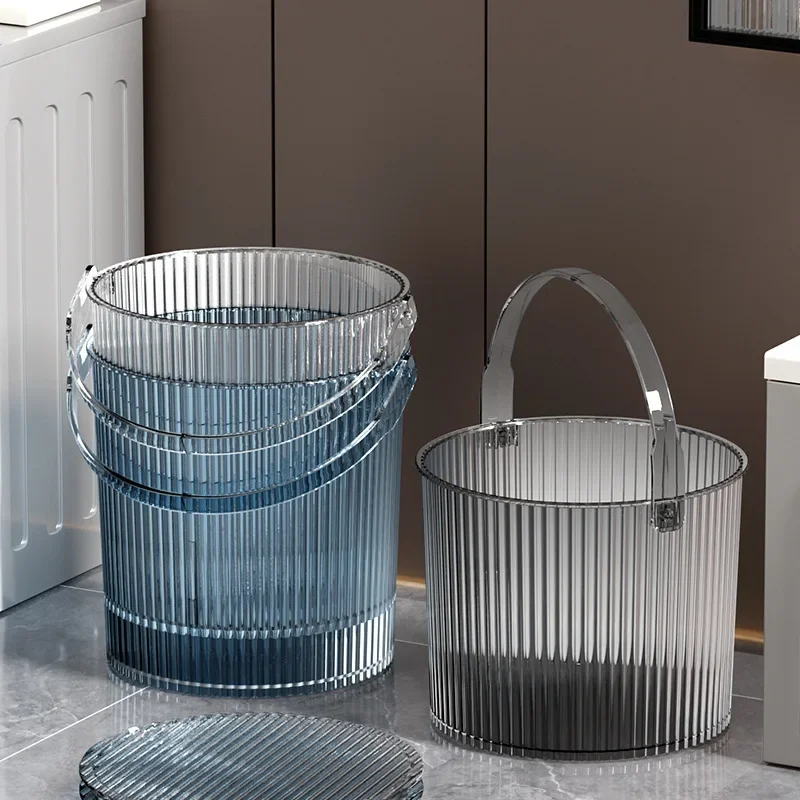 Luxury Vertical Stripe Bucket Plastic Storage Bucket For Students Dormitory With Lid High Aesthetic Value Handheld Small Bucket