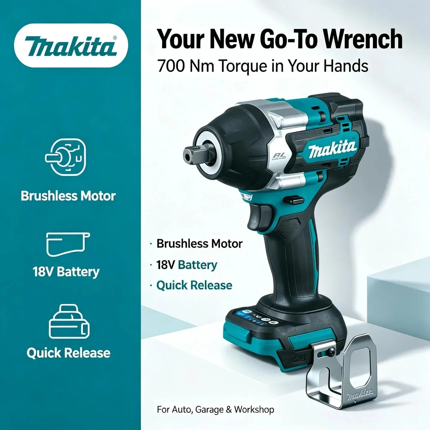 Makita 18V DTW700 Bürstenloser Schlagschrauber 1000Nm Kabelloser Elektroschrauber mit hohem Drehmoment, variabler Geschwindigkeit, Auslöser und Auto-Stop-Technologie für Garage, Mechanik, Montage und