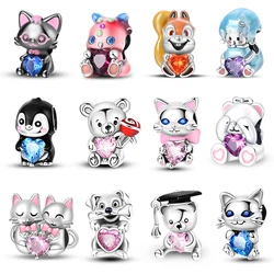 925 Silver Color Pink Rabbit Sheep Cat Dog Animal Charms Beads Fit 3mm 925 Original Bracelets Fine DIY Birthday Jewelry Make