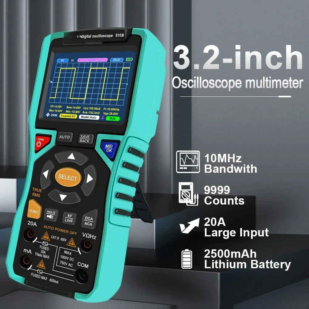 3.2inch Digital Portable Oscilloscope Multimeter 10Mhz Bandwidth 9999 Counts 2500mAh Large Battery Electrician Tools