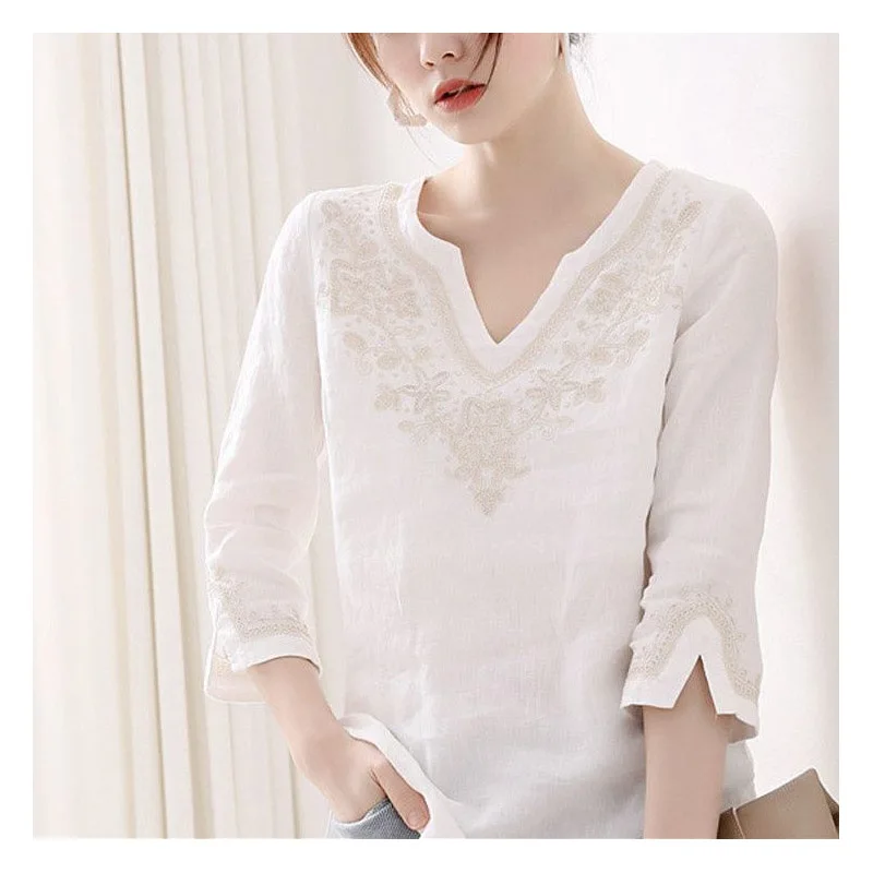 Women's Clothing White Linen Shirt Summer V-Neck Embroidered 3/4 Sleeve Loose Fit Unique Design Mature Chic Blouse