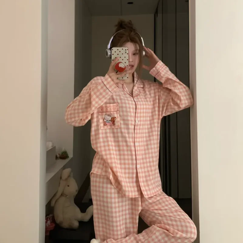 

Sanrio Hello Kitty Women Sleeping Pajamas Sets Kawaii Cartoon Spring Autumn Long Sleeve Pant Leisure Sleepwear Home Clothes New