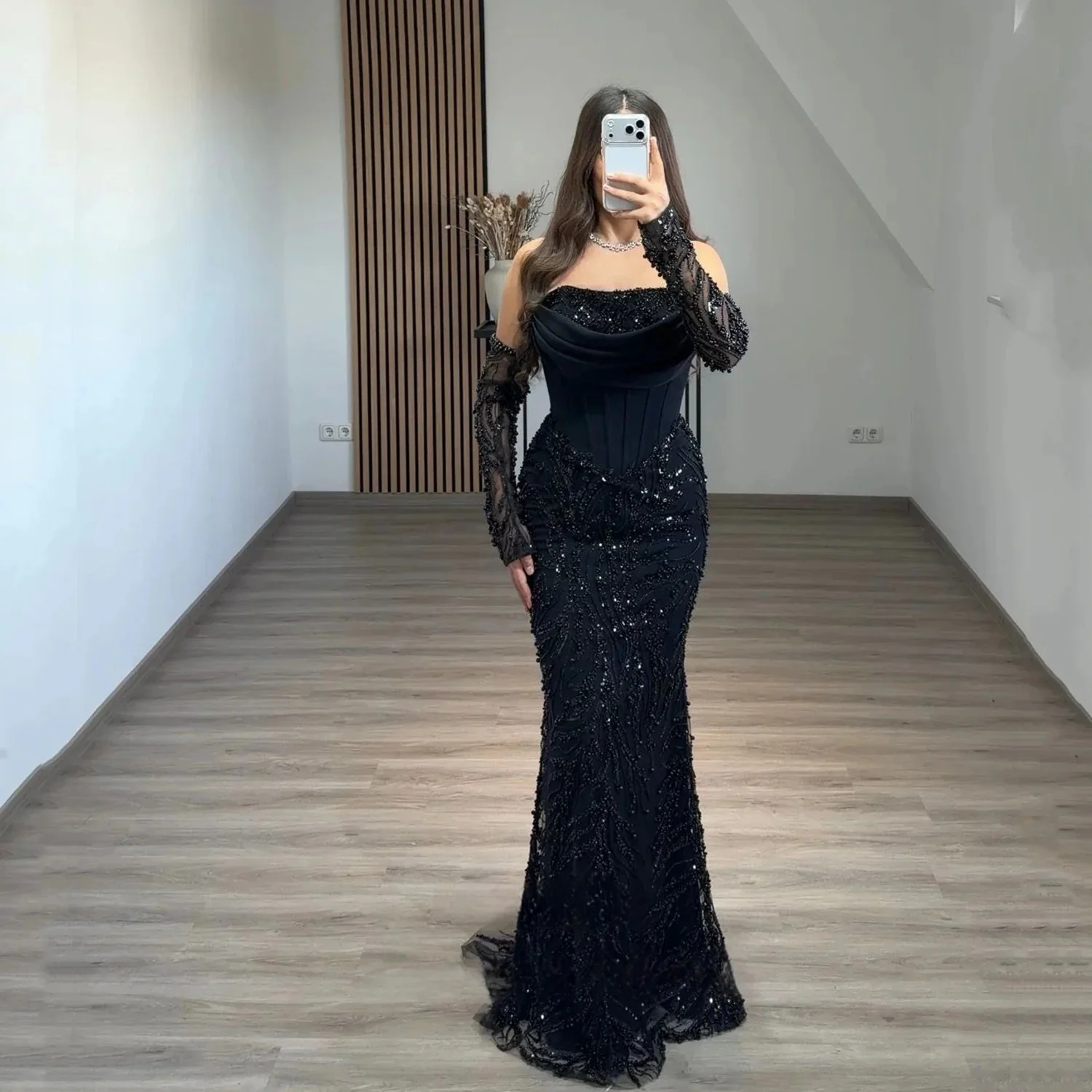 

Pearls Party Long Sleeves Bespoke Occasion Gown Evening Dresses Prom Pastrol Unisex Jersey Retro Dubai Saudi Arabic Customized