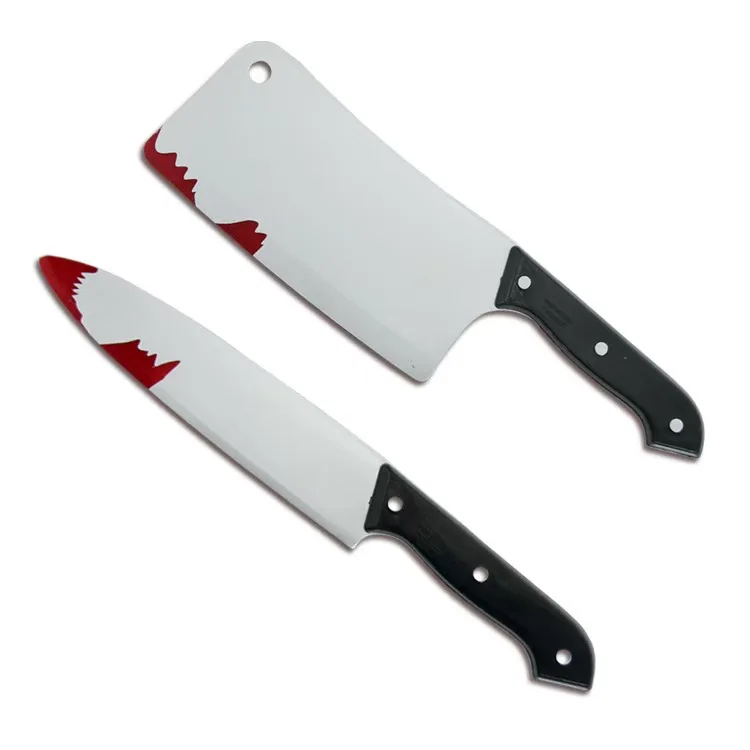 Halloween Bloody Fake Knife Set Plastic Cleaver Chef Knife Prop Horror Cosplay Accessory Prank Party Gag Toy Haunted House Decor