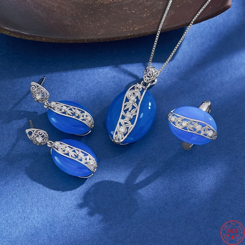 

S925 Sterling Silver Jewelry-set for Women Hollow Pattern Inlaid Blue Agate Pendant Ear Studs Earrings Rings Jewelry Wholesale