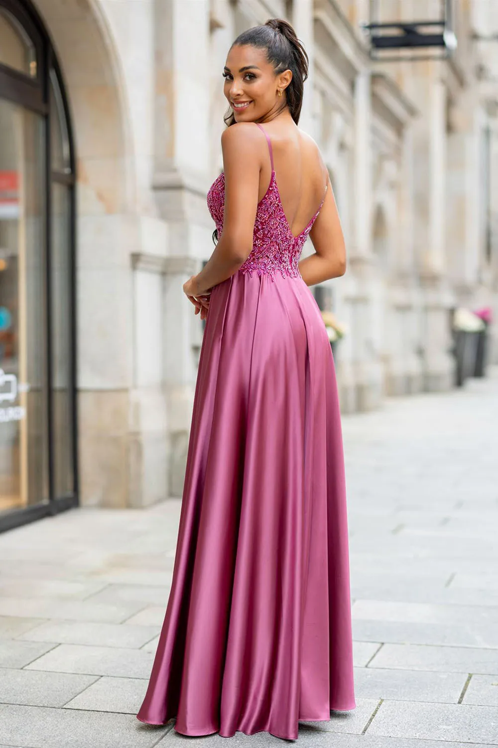 YQLNNE Sexy Deep V Neck Purple Crystals Prom Dresses Long Slit Beaded Silk Satin Evening Party Gown Elegant