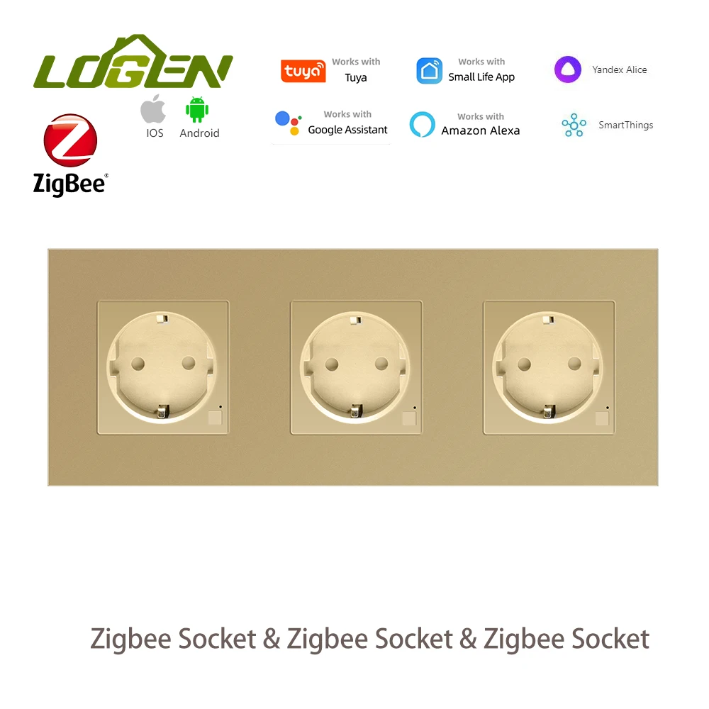 LOGEN Zgibee USB Type-c Socket EU Smart Socket  Glass Crystal Panel Three sockets arranged side by side Need Neutral Wire