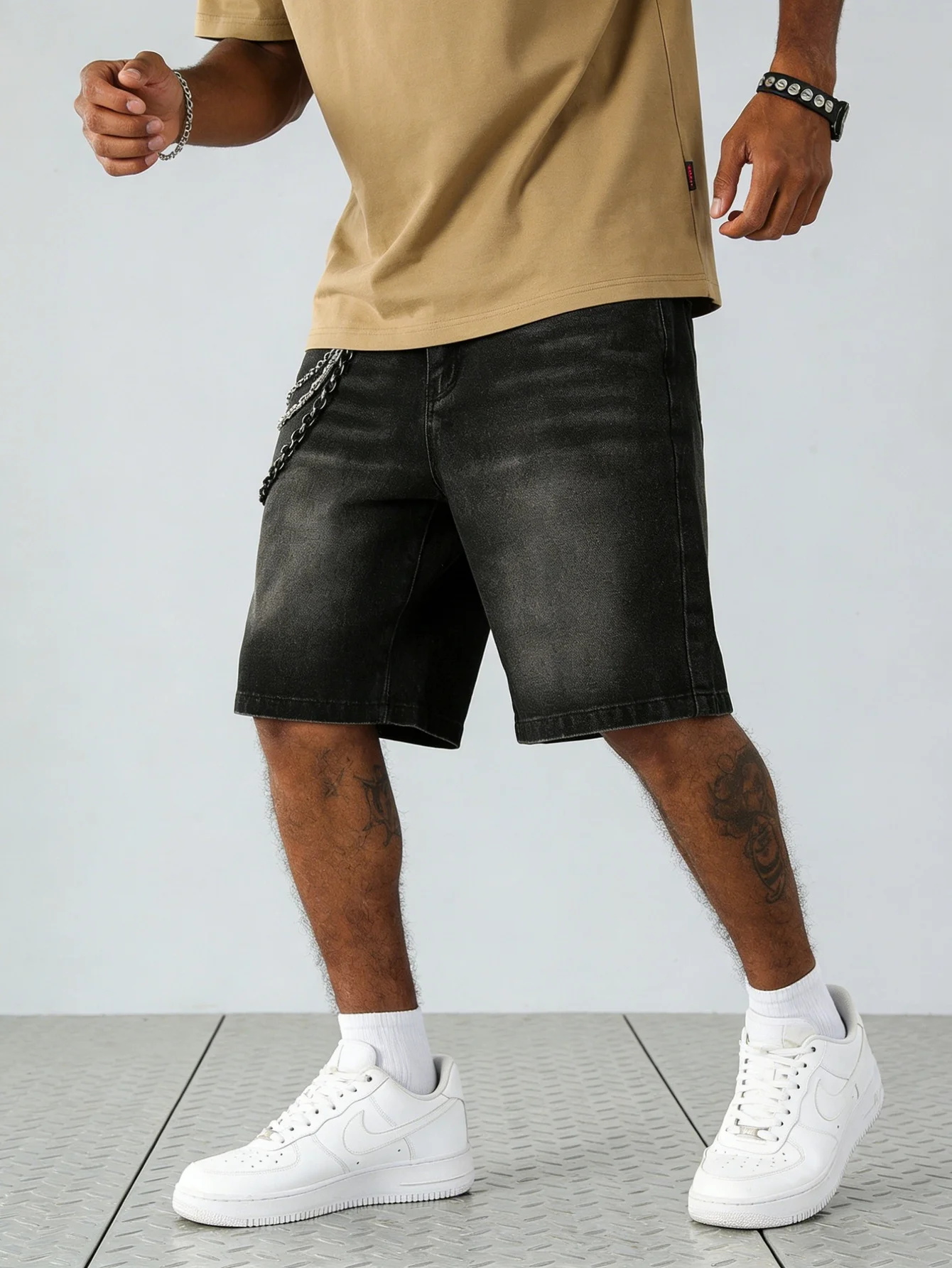 

Fashion black non stretch denim jorts for men loose fit solid color casual daily wear comfy short bottoms