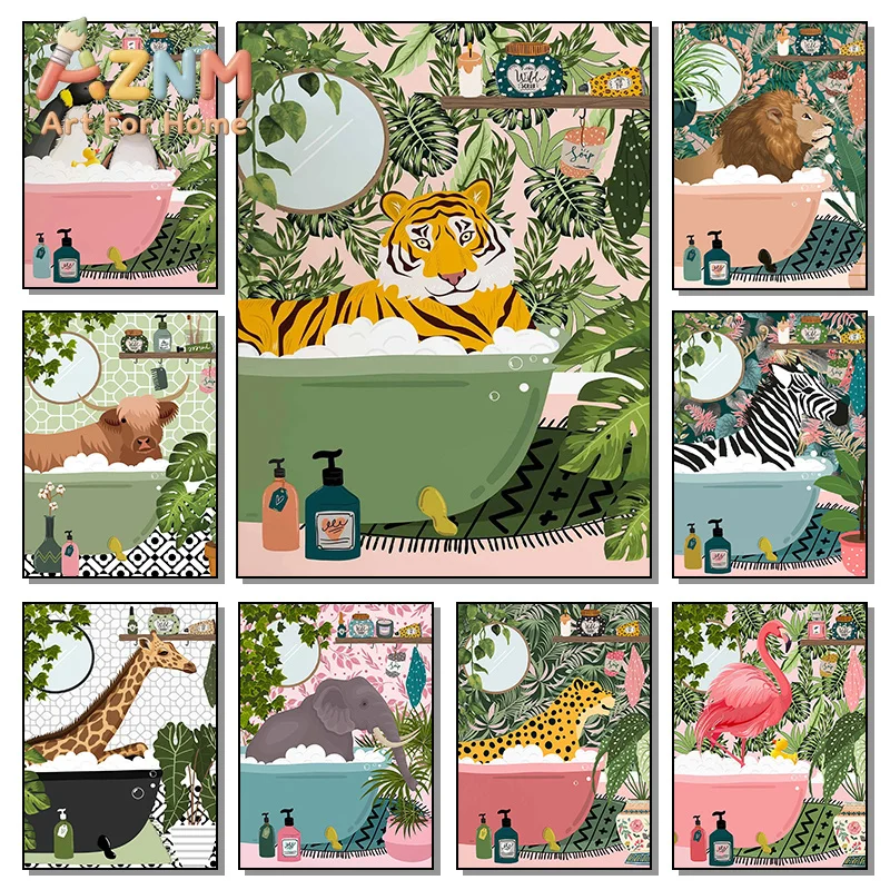 1pc frameless Canvas Painting Animal Tiger Lion in Bathtub Botanical Poster Print Tropical Jungle Nordic Wall Art Picture Canvas