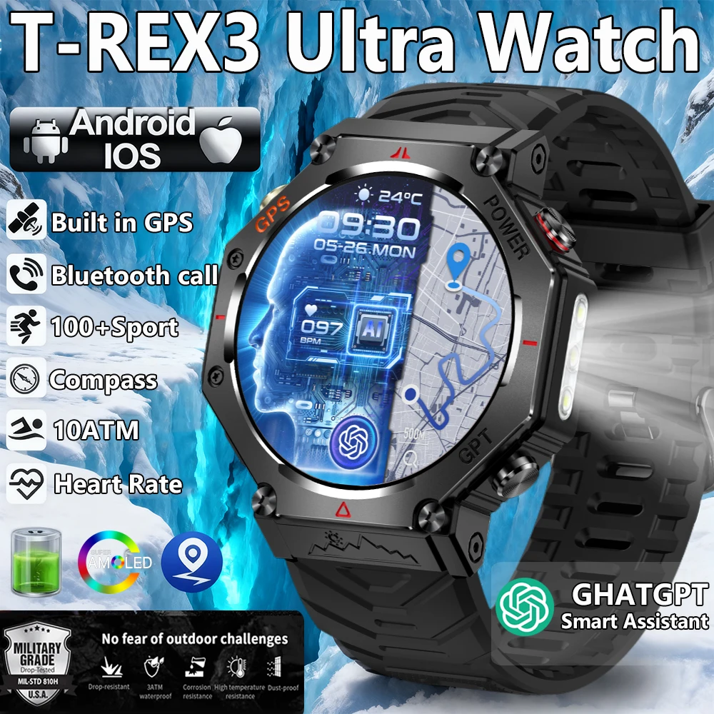 

2025 New T-Rex 3 Ultra Original 10ATM Waterproof GPS Smart Watches Men Rugged Compass Military 100+ Sports Mode Smart Bracelet