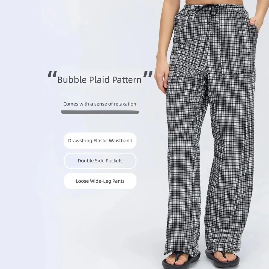 Nylon Bubble Grid Pattern Wide-Leg Pants for Women, Elastic Drawstring High-Waisted Straight Casual Long Pants, Breathable Four-Way Stretch Home Yoga Walking Pants with Pockets, Floor-Length Pants