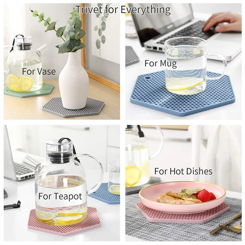 Silicone Pot Holders and Trivet mats Heat Resistant to 440°F to protect your table and countertop Non-Slip Kitchen Hot Pads