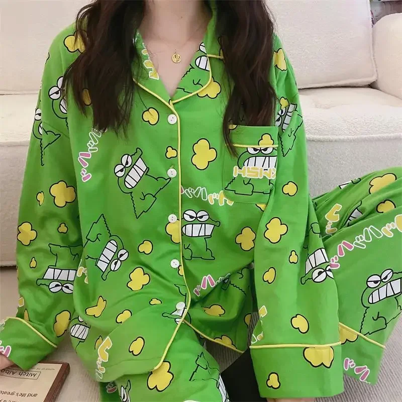 Long Sleeve Ladies Pajamas Comfortable Women Spring Autumn Pajama Sets Printed Green Sleepwear Pyjamas Young Girl Style Clothes