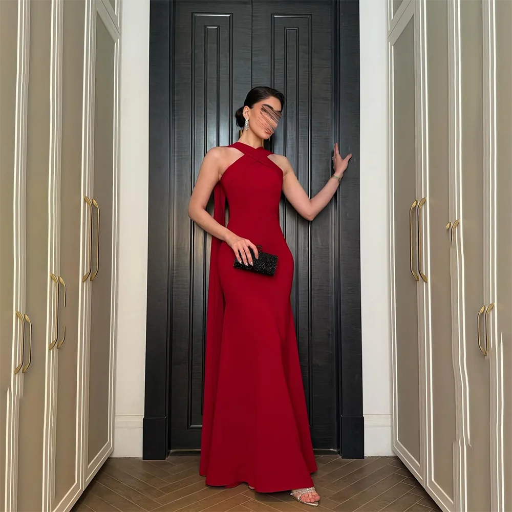 

Red Evening Dress Customized Halter Neck Sleeveless Mermaid Simple Evening Gowns for Women 2026 Jersey Formal Party Dress