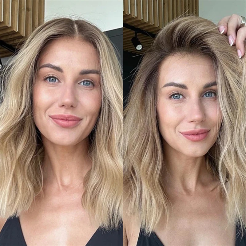 

Balayage Ombre Золотисто-русый с коричневыми стойками Синтетический парик спереди 12 дюймов Короткая волна Боб для женщин Косплей Вечеринка Ежедневный парик