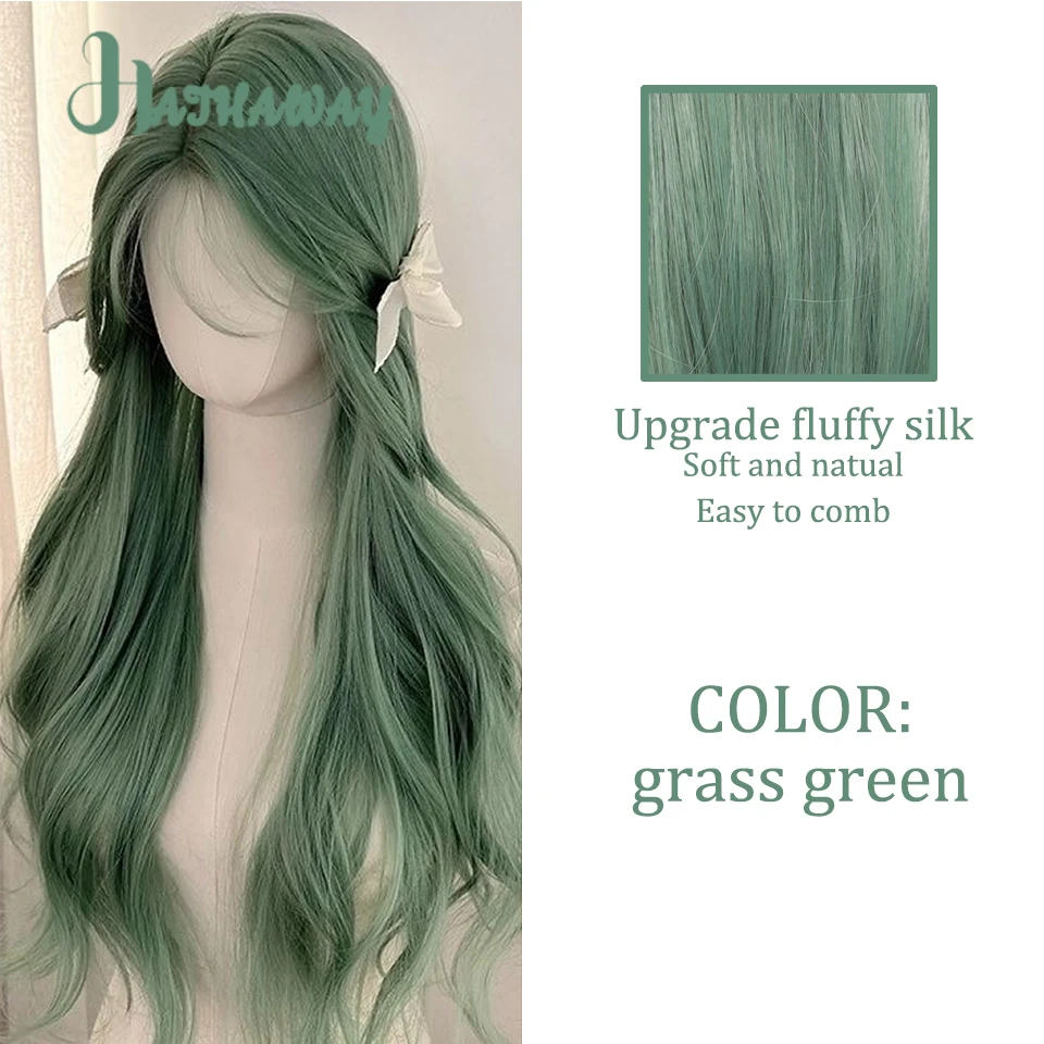 باروكات صناعية مموجة باللون الأخضر الطويل مع غرة للنساء، باروكات مموجة للجسم، للاستخدام اليومي الطبيعي، مقاومة للحرارة #5