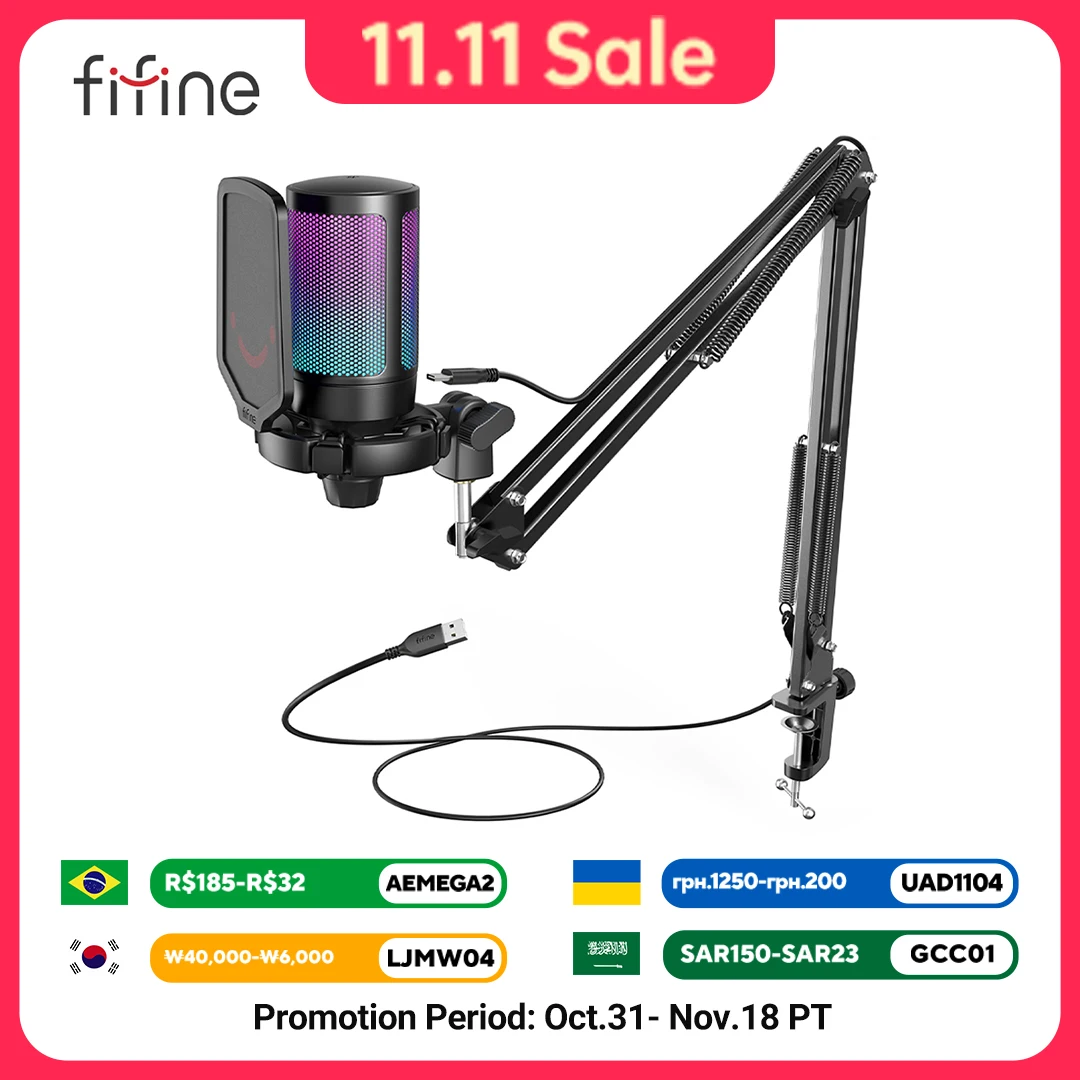FIFINE USB Gaming Microphone Kit for PC,PS4/5 Condenser Cardioid Mic Set with Mute Button/RGB /Arm Stand,for Streaming Video-A6T