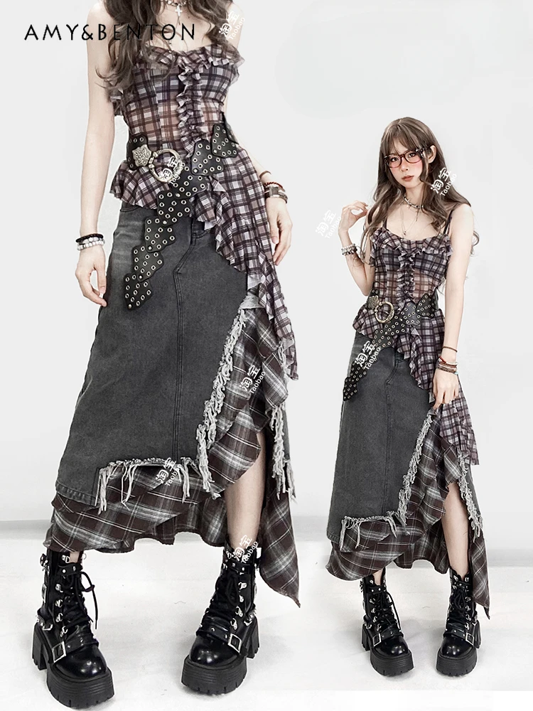 

American Retro Denim Plaid Skirt Irregular Double Waist Rough Edge Splicing Mid-length A-line Skirts Women Hot Girl Y2K Skirt