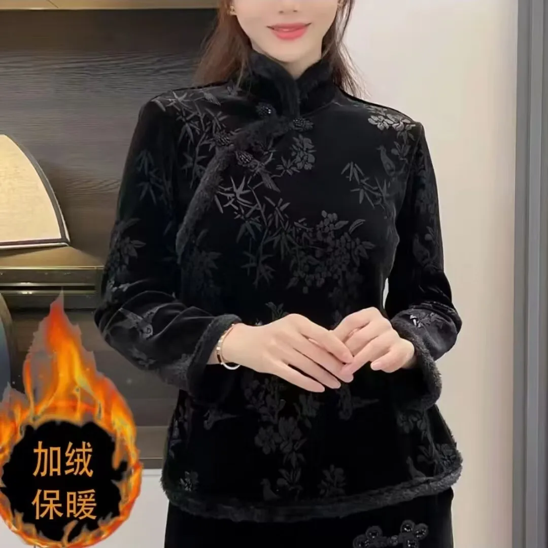 Women's Vintage Floral Tang Suit Jacket Canary Velvet Thicken Coat Fleece Warm Clothes for Mother Cheongsam Autumn Winter 2024