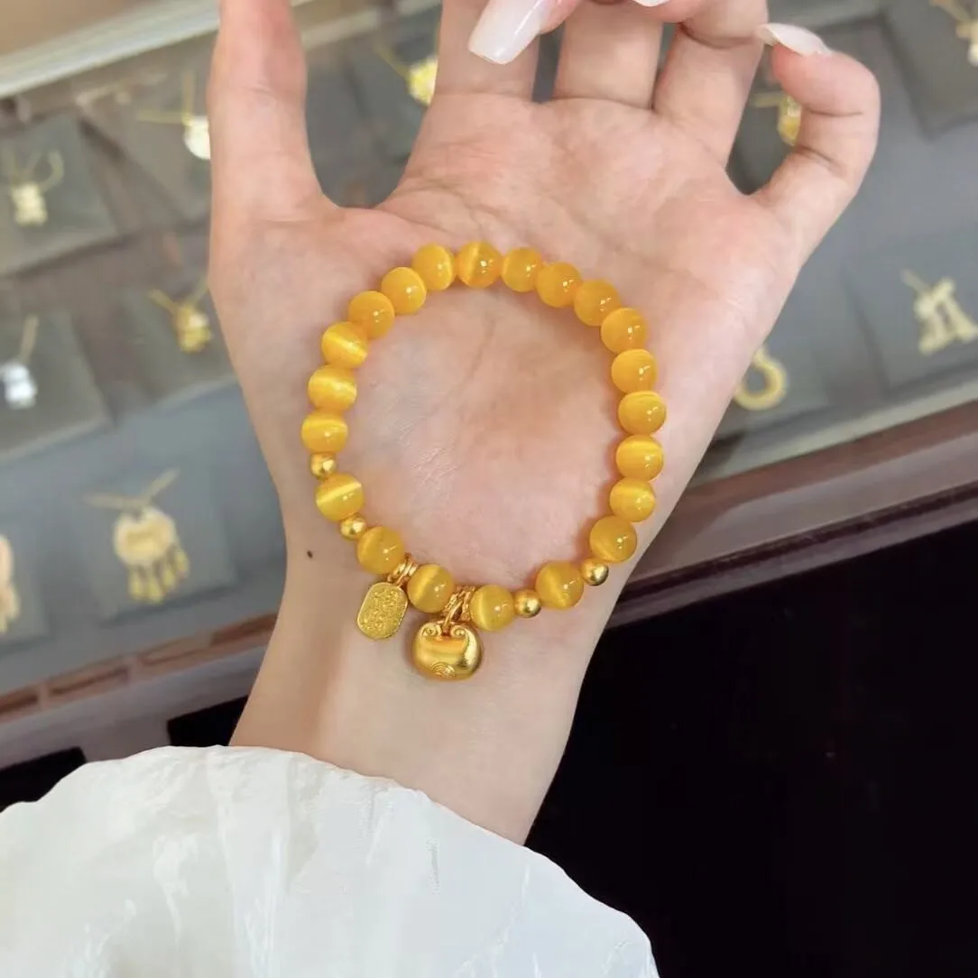 9999 gold fat Fu cat eye crystal bracelet with beads - women's lucky charm and accumulation bracelet