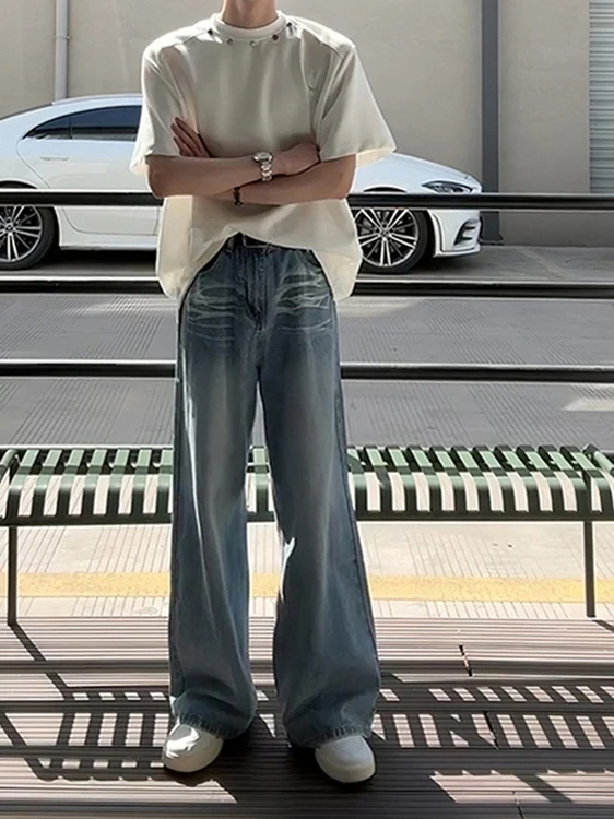 Retro Micro Flared Jeans Men's High Waist Heavy Duty Desert Style Worn out Gradient Wide Leg Long Pants Trendy Casual Jeans