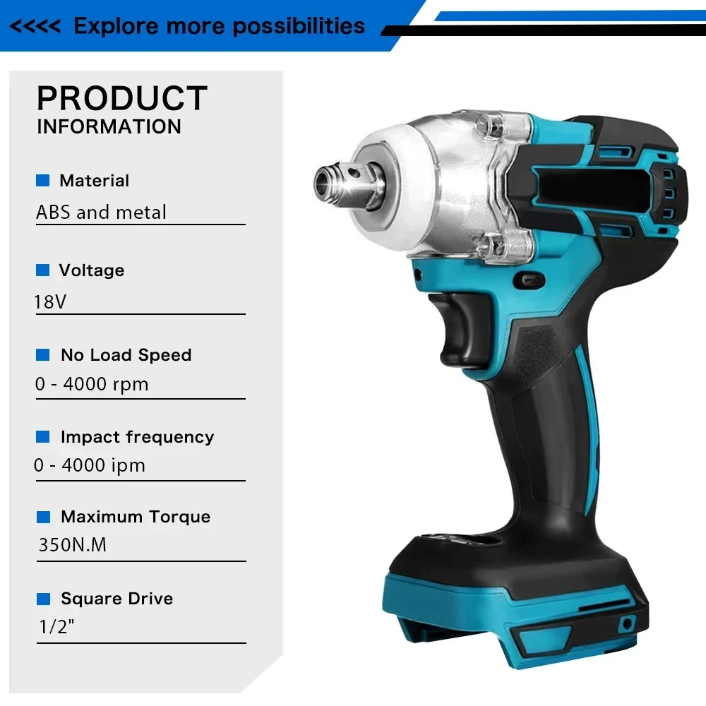 Ponbos 1/2 Inch Brushless Electric Impact Wrench Auto Repair Electric Screwdriver For Makita 18 V Batteries.