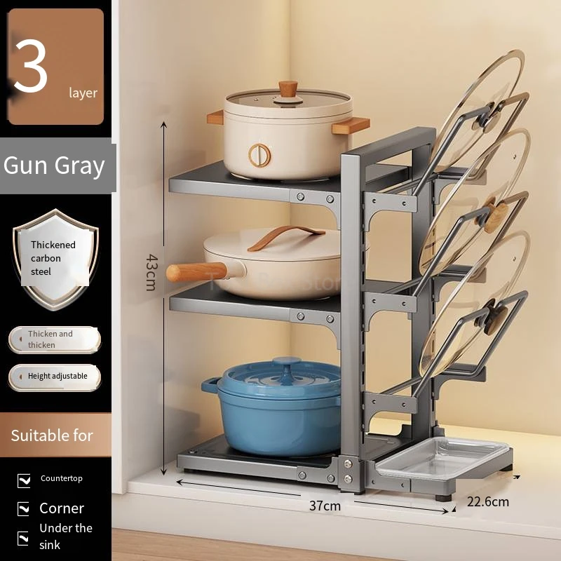 3 Tier Pots and Pans Lid Organizer Rack Adjustable Rustproof Kitchen Sink Cabinet Multi-Layer Frying Pan Holder Bowl Shelf