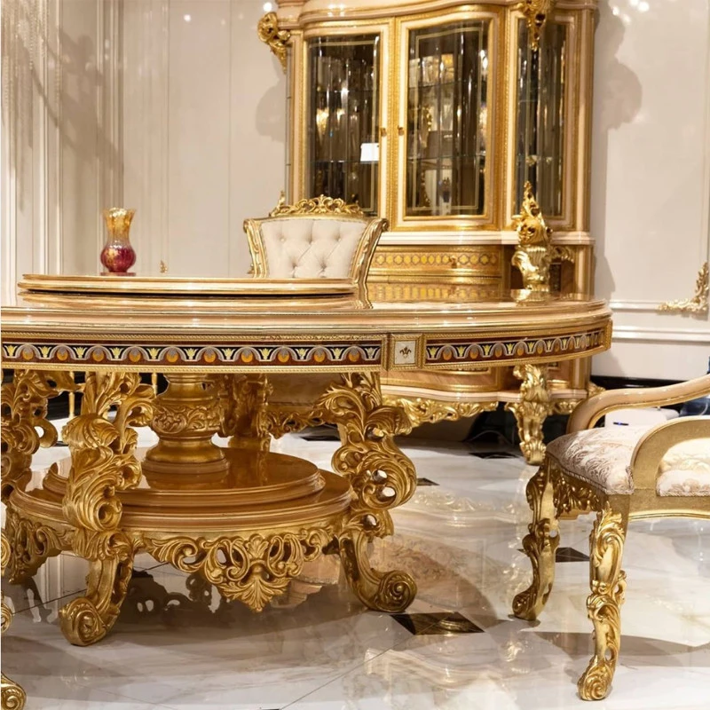 !@Italian Style Elegant Marquetry Dining Room Furniture  European Classic Wooden Carving Round Dining Table for 8 People