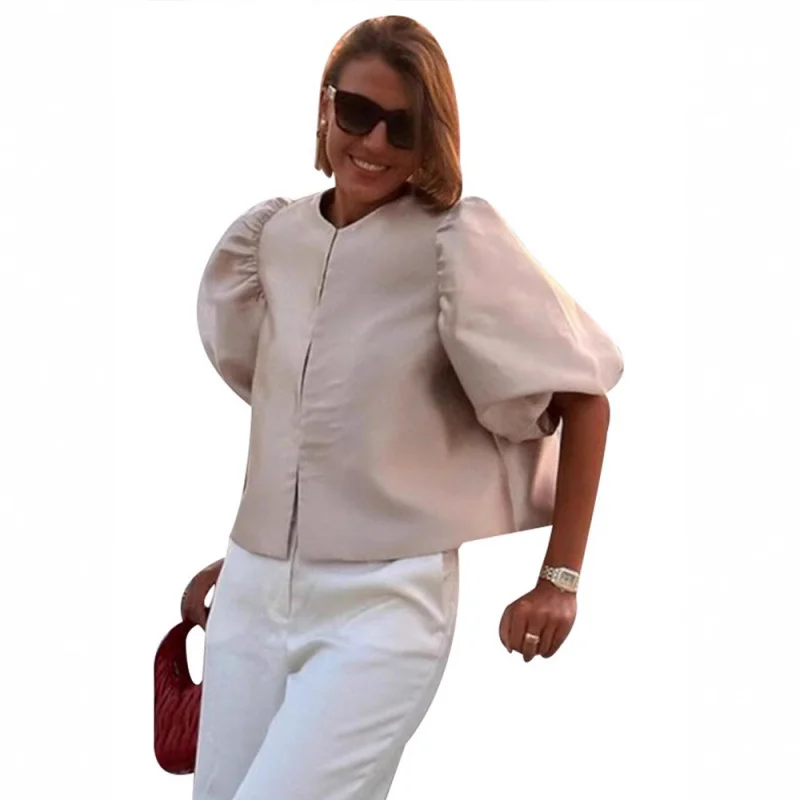 

Europe and America2025New Fashion Satin Puff Sleeve Short Loose French Simple Blouse Shirt