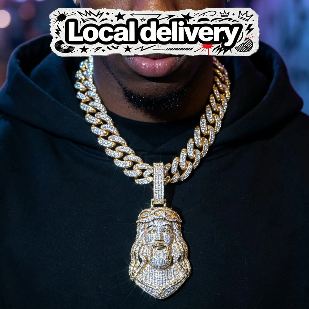 18K Gold Plated Fully Iced Large Jesus Face Pendant Full Micro Pave Cubic Zirconia Hip Hop Men Jewelry Oversized Crown Thorns Jesus Head Charm Covered AAA Shiny CZ Stones Bling Religious Statement Pendant For Male Men Rappers Street Club Accessory Gift