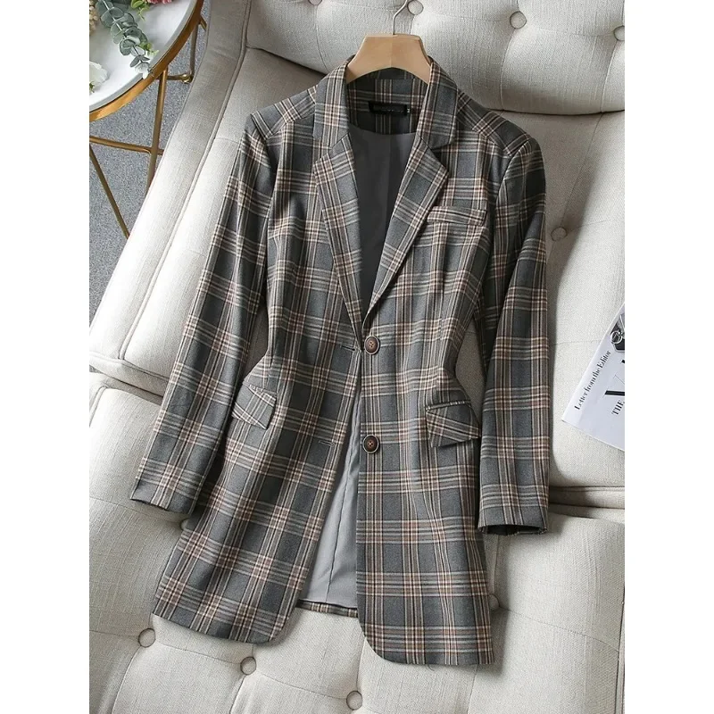 Coffee Gray Plaid Women Casual Blazer Coat Female Long Sleeve Single Breasted Loose Jacket For Office Ladies Work Wear