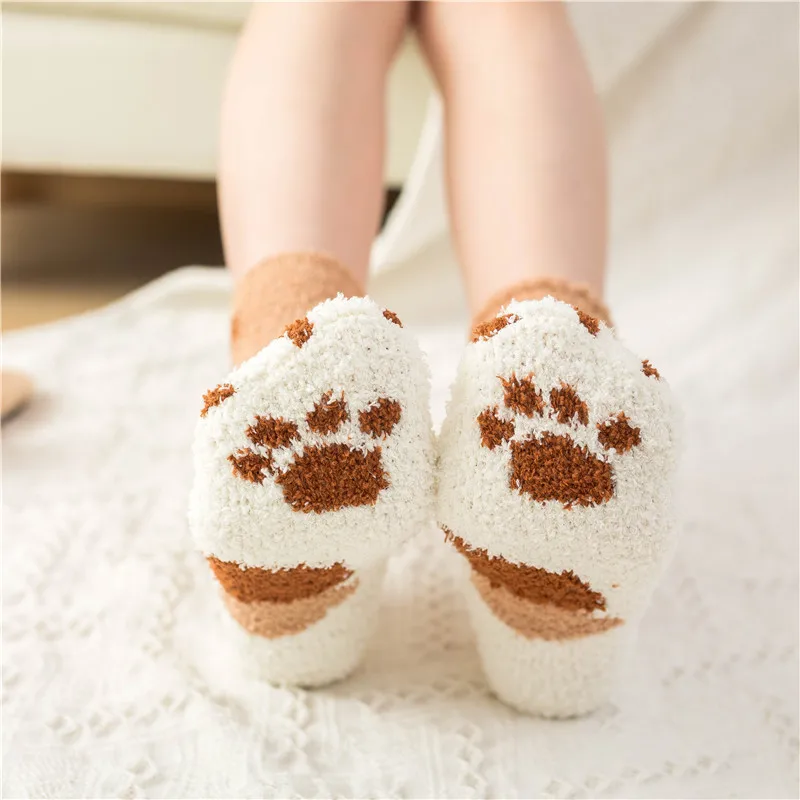 Girls Floor Socks Winter Brushed Socks For Boys Warm Teenager Cartoon Claws Children Fleece Sleeping Seamless Staff