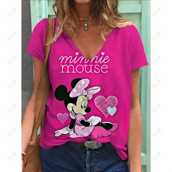 Summer New Women T Shirt Disney Minnie Mickey Mouse Print V-neck Short Sleeve Blouse Fashion Plus Size T-shirts For Women Top