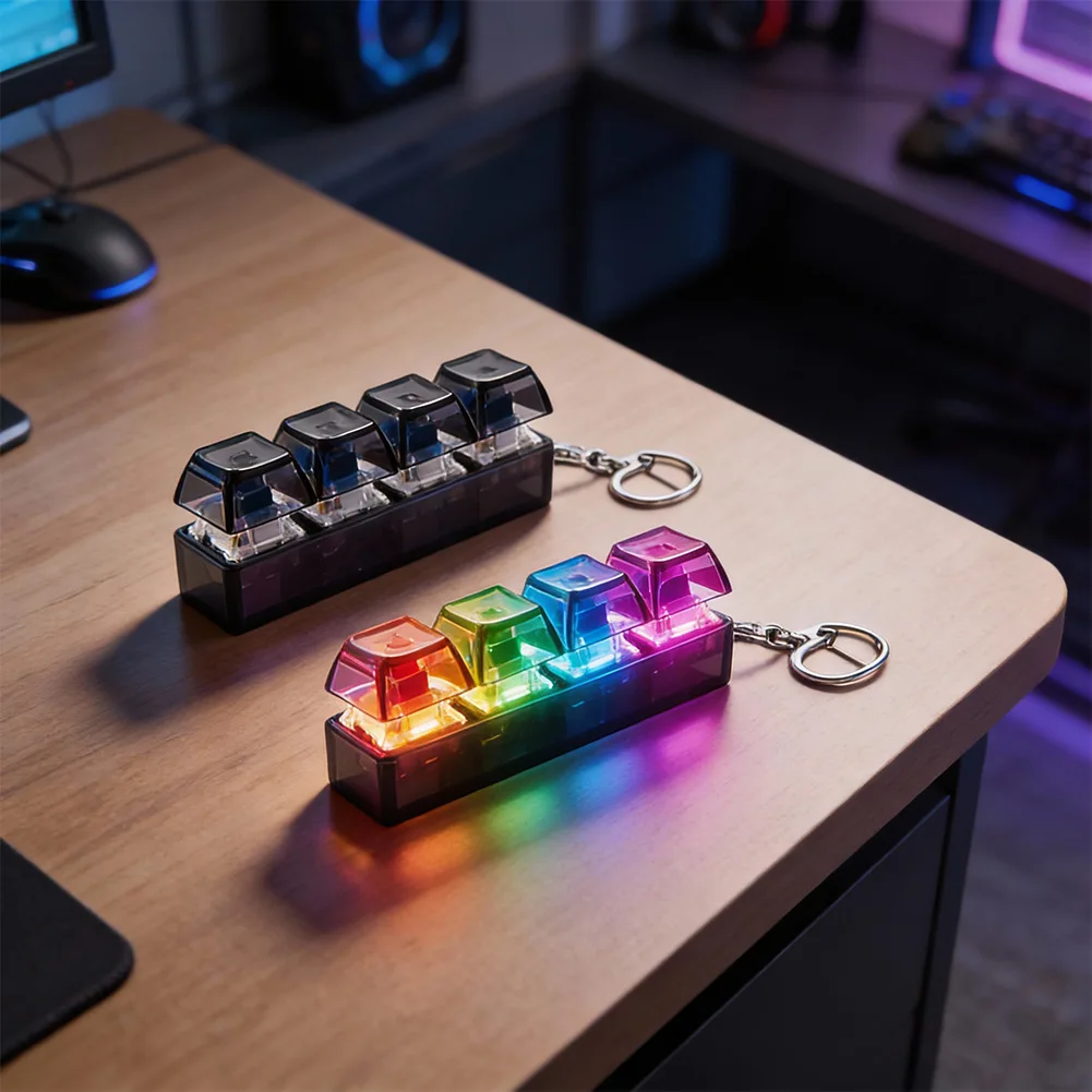 1Pcs ABS LED Keyboard Keychain Fidget Gadget For Adults RGB Keyboard Fidget Toy 4-Button Keychain For Stress Relief