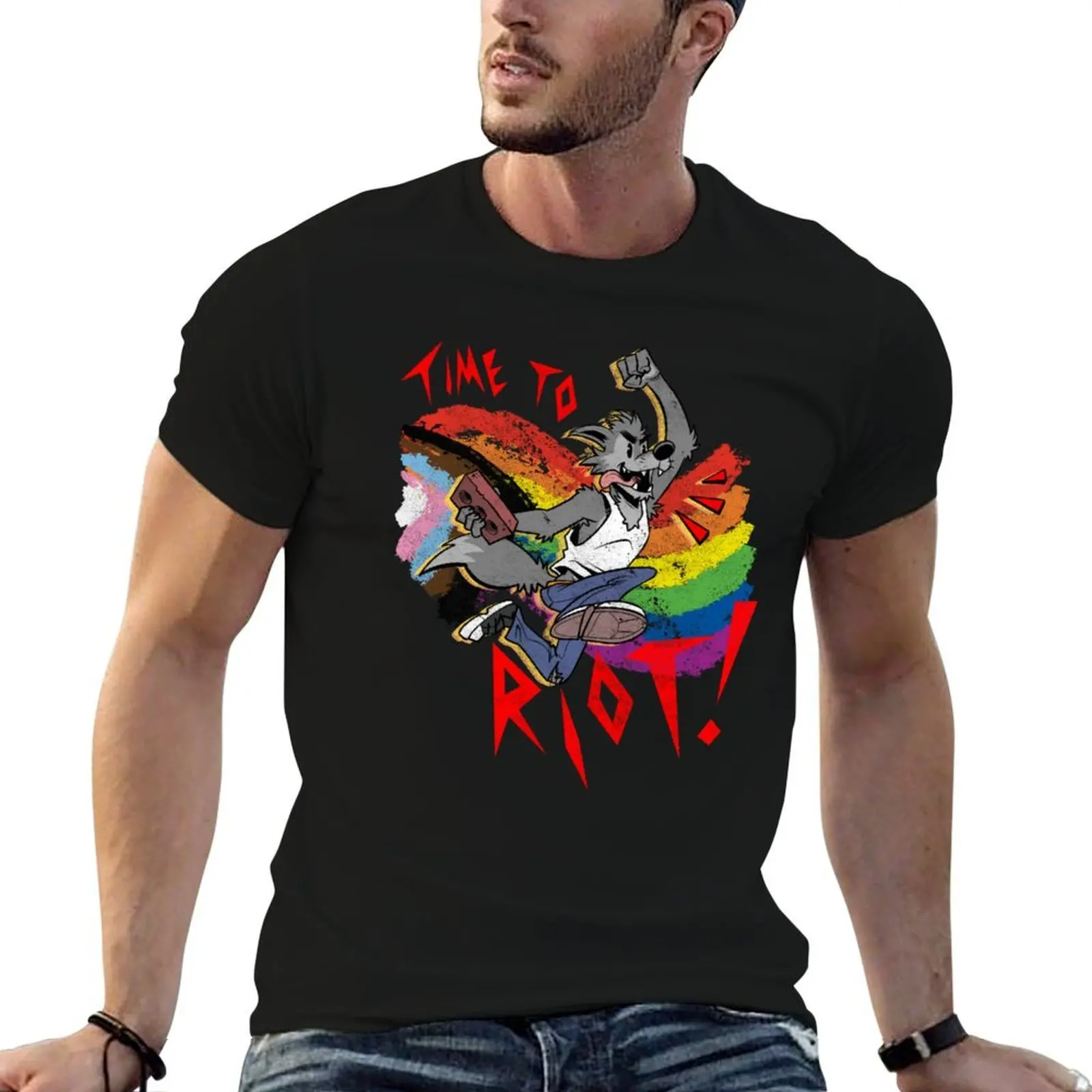 

Время до Риота! Винтажная футболка Furry Pride Month Brick, мужская хлопковая черная хлопковая футболка, однотонная мужская футболка