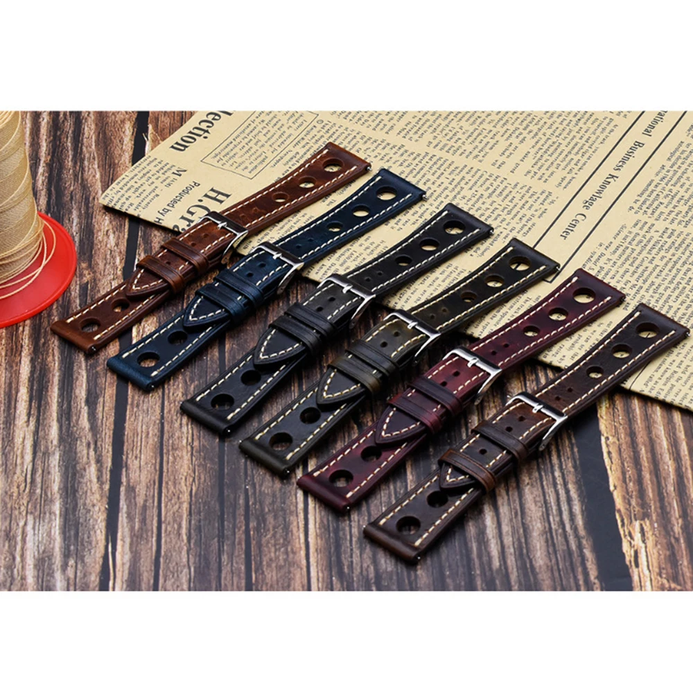 High quality Oil Wax Cowhide Watchbands 22mm 24mm Genuine Leather Watch Band Strap Belt Ventilated Design Men's Ultra-Thin Brace