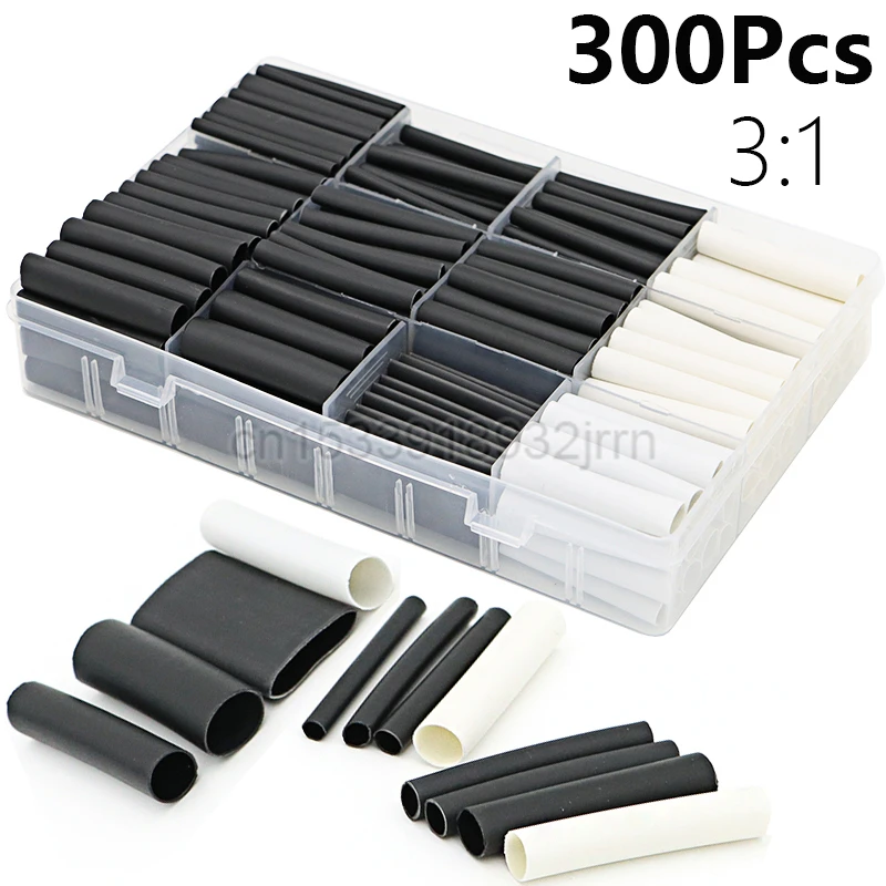 300Pcs/Box Shrinkage 3:1 Black White Heat Shrink Tube Kit Shrinking Assorted Polyolefin Insulation Sleeving Tubing Wire Cable